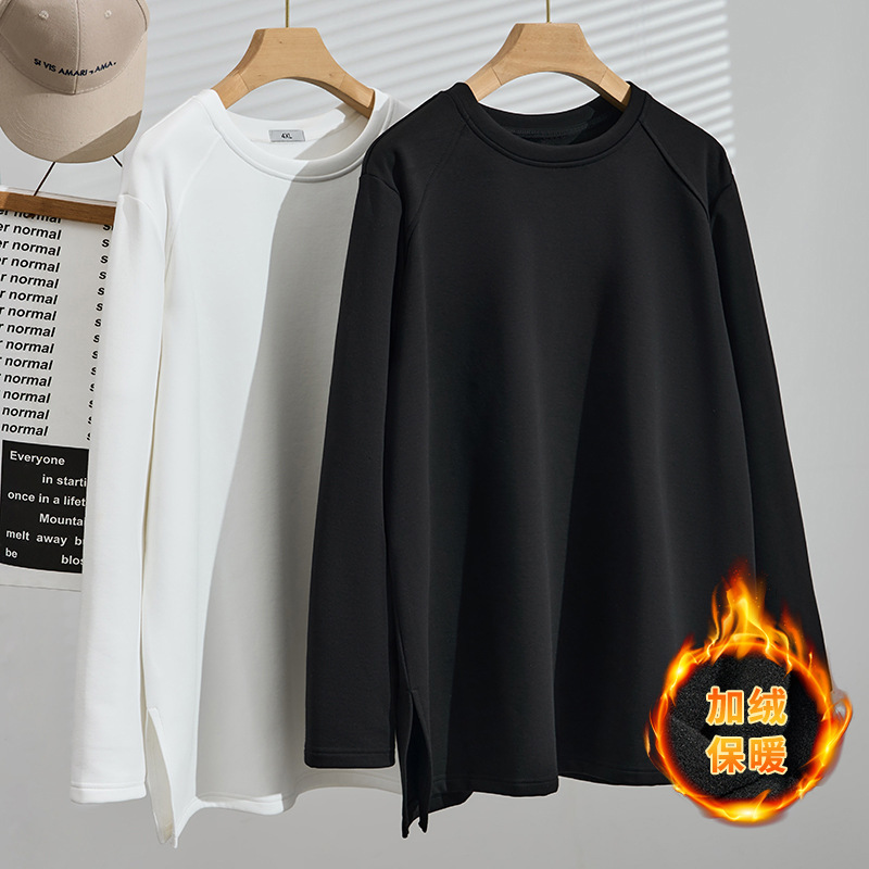 Winter Women's Round Neck Pure Color Fleece-Lined Loose Long-Sleeved Bottoming Casual Korean Style Fat mm Large Size Top S5700