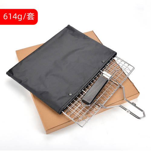 Outdoor folding barbecue net barbecue tools stainless steel wooden handle food clip 430 grilled fish clip removable BBQ grill net