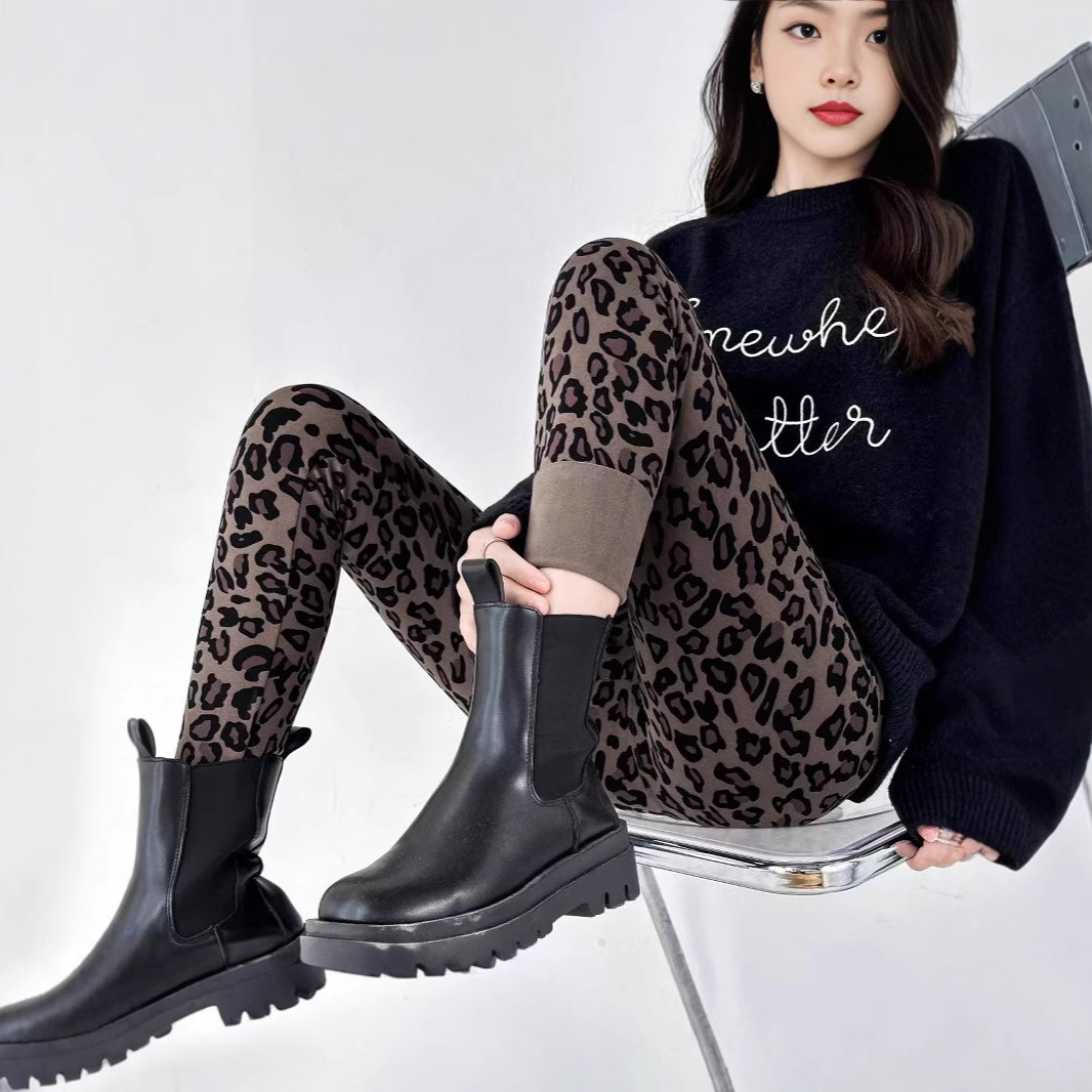 Cross-Border New Leopard Print Leggings Women's Trendy Leggings High-Waisted Brushed Yoga Pants High-Waisted Belly-Controlling Butt-Lifting Barbie