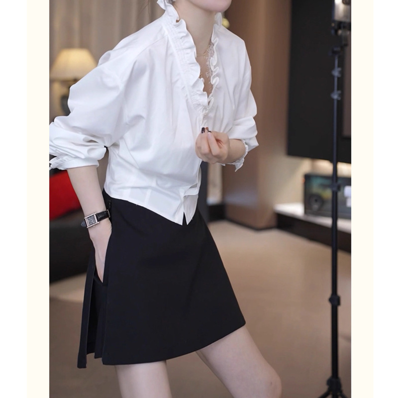 法式复古木耳边V领长袖衬衫女2025秋季新款设计感修身显瘦上衣潮|undefined