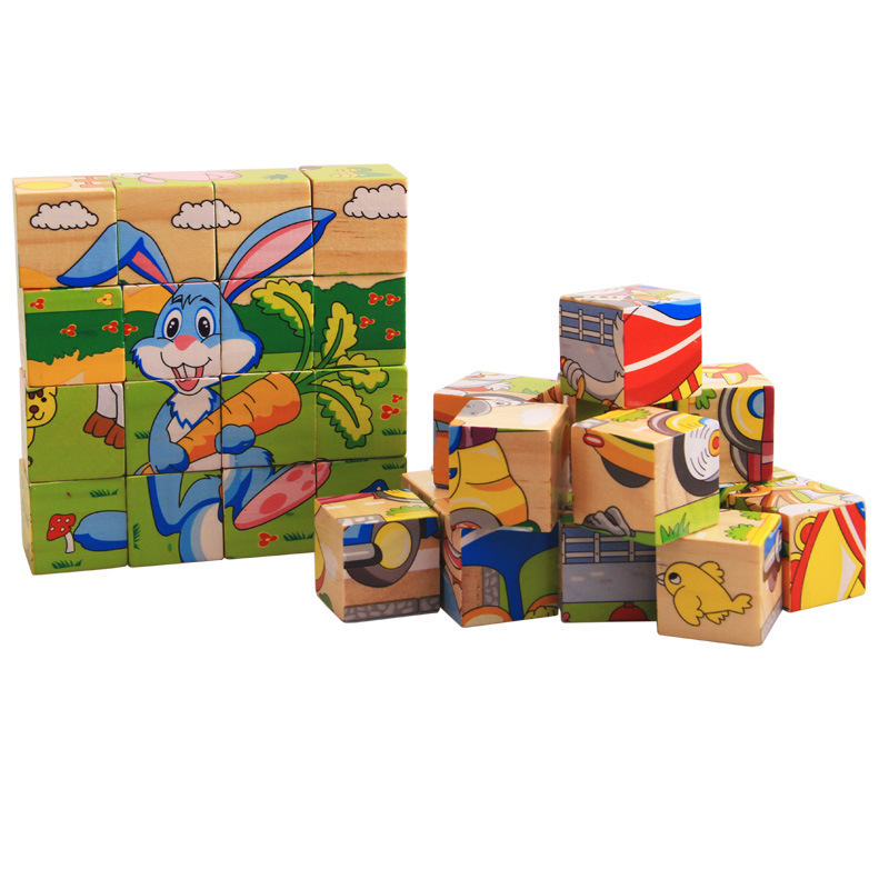 Rompecabezas de madera de 16 piezas para niños 3D tridimensional pintura de seis caras 3-6 años bebé educación temprana iluminación educativa bloques de construcción juguete