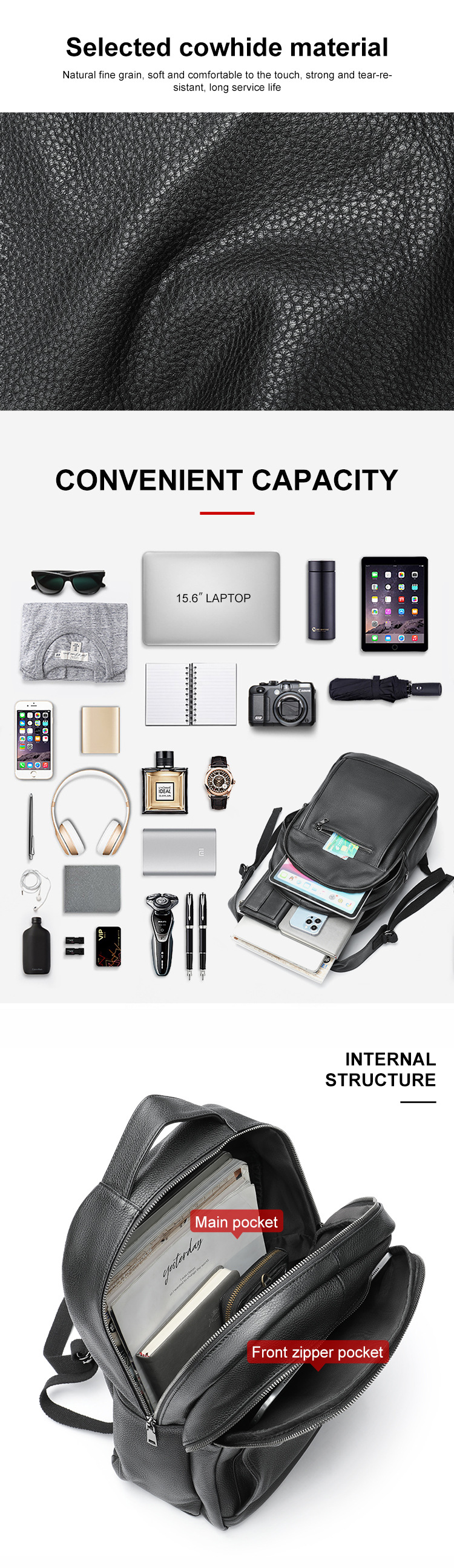 Balo da bò thật đựng laptop dung tích lớn cho nam, túi du lịch da thật cự ly ngắn, túi xách tay da bò lớp đầu — Màu đen chi tiết 14
