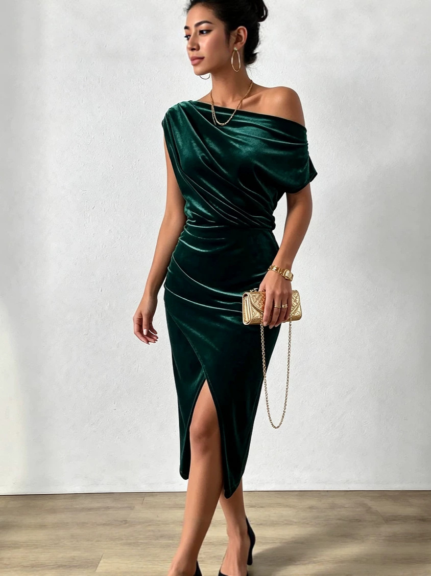 Vestido con hombros descubiertos y cuello de una línea para mujer, nuevo producto transfronterizo, Speedcom Amazon Temperament Commuting, verano 2026