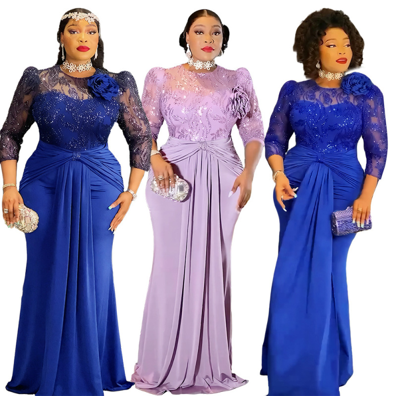 Cross-Border Aliexpress Foreign Trade African Women's Clothing Plus Size Patchwork Lace Dress European and American Banquet Sequin Evening Dress Cross-Border Aliexpress Foreign Trade African Women's Clothing Plus Size Patchwork Lace Dress European and American Banquet Sequin Evening Dress