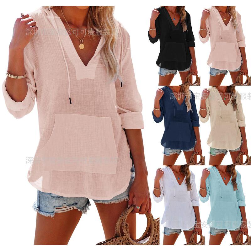 2025 Cross-border European and American Spring and Summer New Beach Blouse Hoodie Sports Long Sleeve V-Neck Pocket Hoodie Women's Shirt 2025 Cross-border European and American Spring and Summer New Beach Blouse Hoodie Sports Long Sleeve V-Neck Pocket Hoodie Women's Shirt