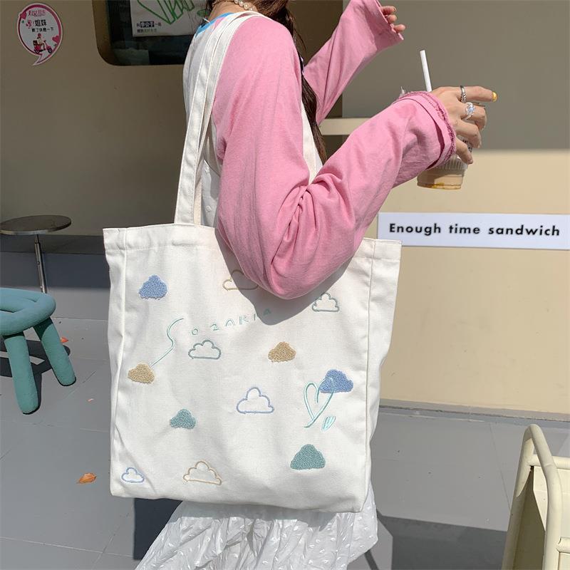 3762  日系小云朵托特帆布包刺绣百搭文艺单肩手提包大容量背心包