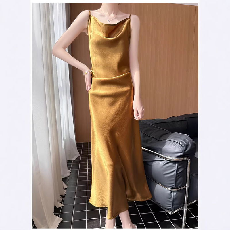 Summer New Style Gilded Satin Draped Collar Strapless Dress, High-End Elegant Sexy Goddess Over-The-Knee Long Dress for Women Summer New Style Gilded Satin Draped Collar Strapless Dress, High-End Elegant Sexy Goddess Over-The-Knee Long Dress for Women