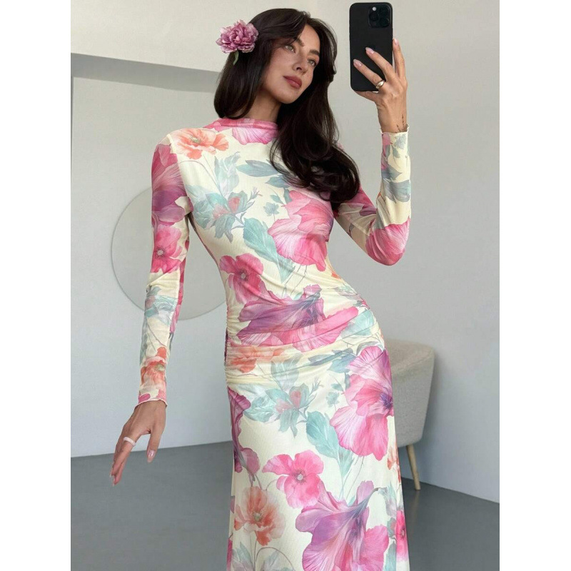 Amazon European and American Cross-Border 2026 Summer New Floral Mesh Print Long-Sleeve Slim-Fit Vacation Long Dress Amazon European and American Cross-Border 2026 Summer New Floral Mesh Print Long-Sleeve Slim-Fit Vacation Long Dress
