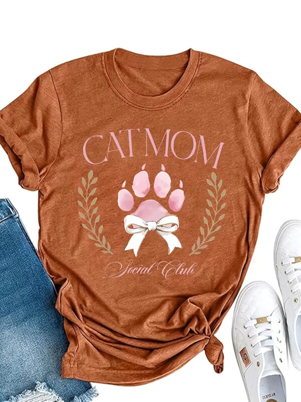 Women's short-sleeve t-shirt with cat mom and laurel design, spring/summer women's clothing Women's short-sleeve t-shirt with cat mom and laurel design, spring/summer women's clothing