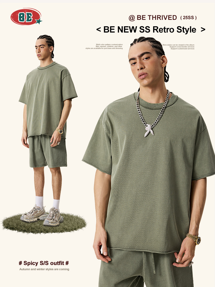 BE ropa de hombre | 2025 verano marca de moda estadounidense pesado anti-coche cuello azul rizado camiseta de manga corta pantalones cortos traje hombre de moda image 6