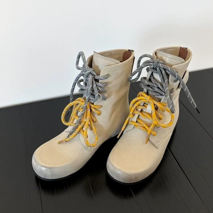 Pink Dog Retro Color-Washed Round-Toe Thick-Heeled Short Boots with a Versatile Design and Lace-Up British Style Mid-Calf Boots for Autumn