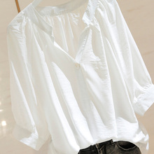 含棉V领白衬衫女短袖2022夏季新款韩版薄款宽松衬衣仙女神范上衣