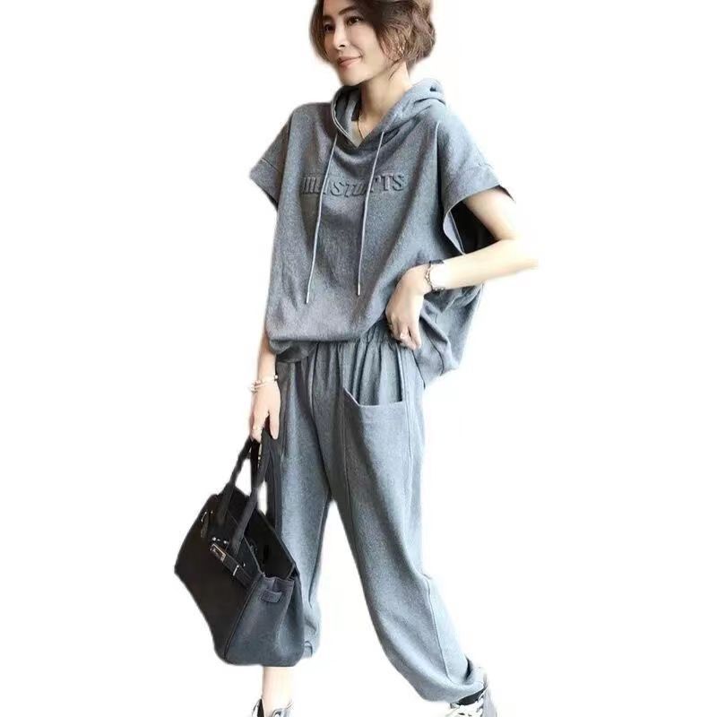Women's Sports Casual Hooded 2026 Summer New Loose Versatile Short Sleeve Plus Size Two-Piece Set Cross-Border Wholesale_ecoleips.com