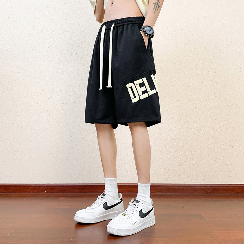 Pantalones cortos deportivos de hielo negro para hombres verano 2024 nueva marca de moda americana suelta rápida secado recto pantalones casuales de cinco puntos