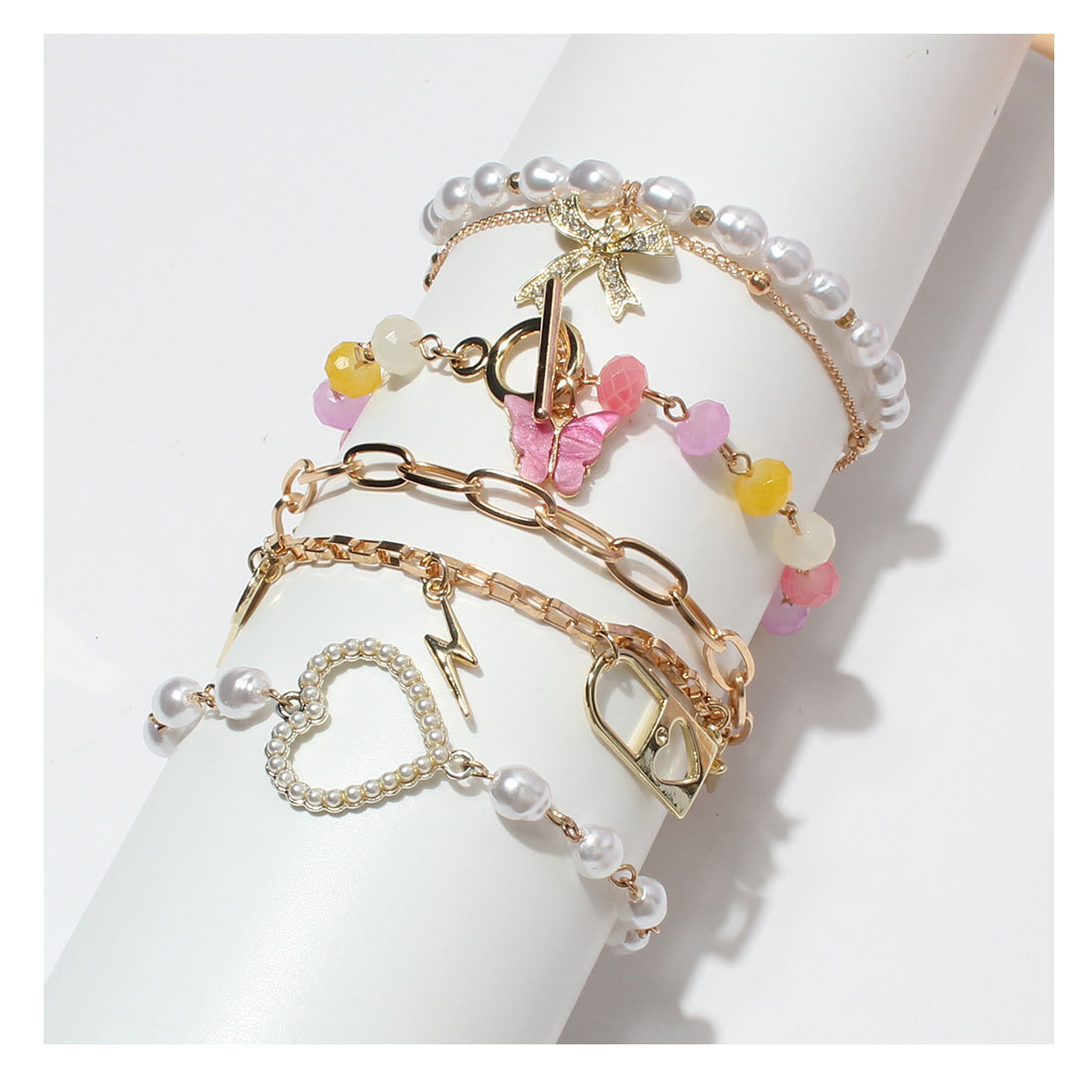 retro Geometric Pearl Bow Heart Padlock Creative Temperament Bracelet