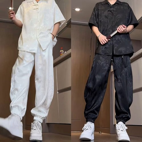 Mens Summer Traditional Chinese Style Dragon Pattern Embroidered Silk Ice Fabric Suit with Tied Ankle Straight Leg Pants