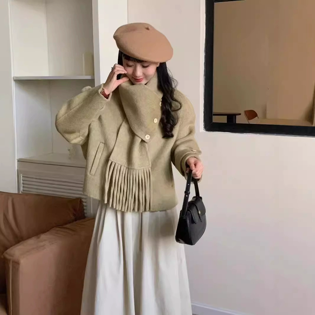 Новая модель 2025 года: двустороннее шерстяное пальто с отстегивающимся воротником-шарфом для миниатюрных женщин, свободная шерстяная куртка