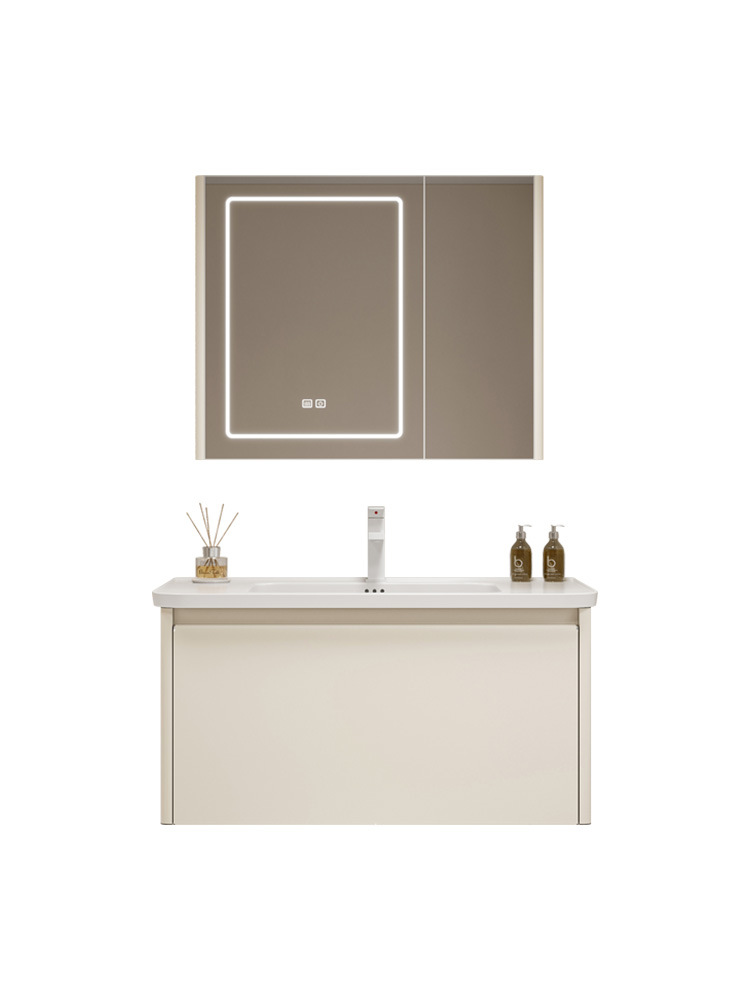 Gabinete de baño de acero inoxidable de aire crema combinado cerámica integral lavabo lavabo lavabo lavabo de esquina redonda lavabo lavabo
