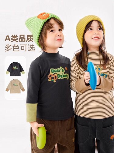 Dudu's Home Unisex Half-Height Crew Neck Base Layer Top Winter Outfit Girls' Cartoon Long Sleeve T-Shirt Autumn/Winter Children's Top Fashion Children's Clothing