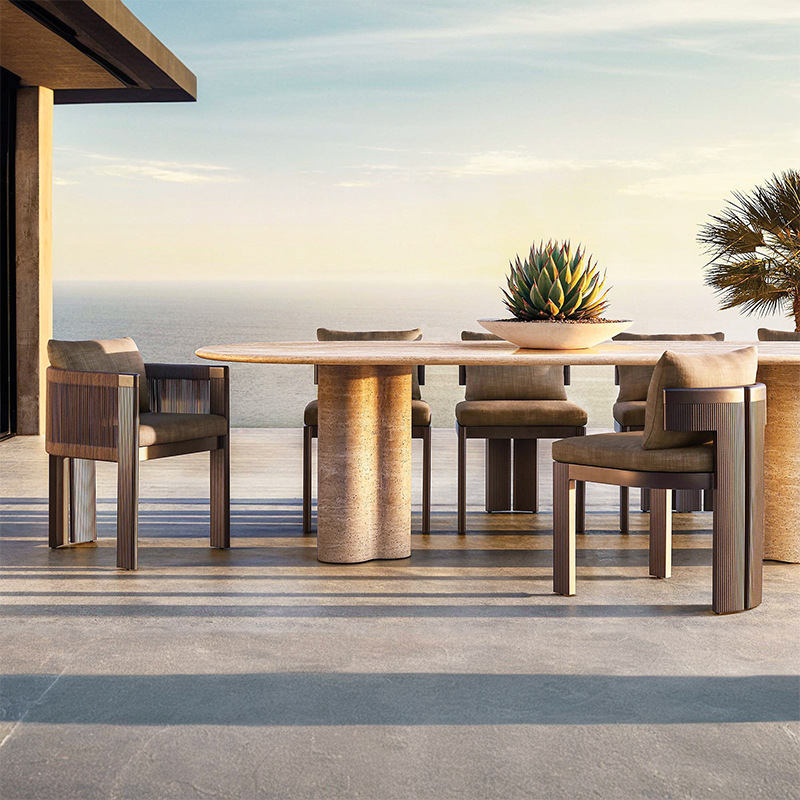 Mesa y sillas de madera maciza al aire libre Jardín al aire libre a prueba de agua y anticorrosión Mesa larga Hotel Villa patio terraza Mesa y sillas de teca protector solar