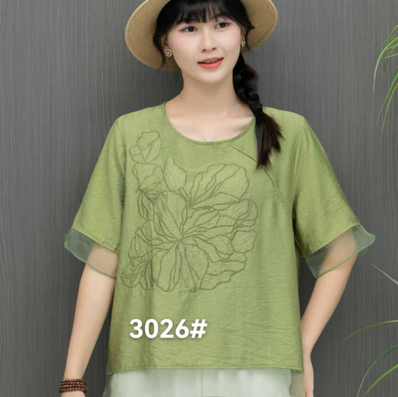 Summer Fashion Loose Plus-Size Lazy Style Heavy Embroidery Design New Chinese Cotton and Linen Women's Pullover Shirt