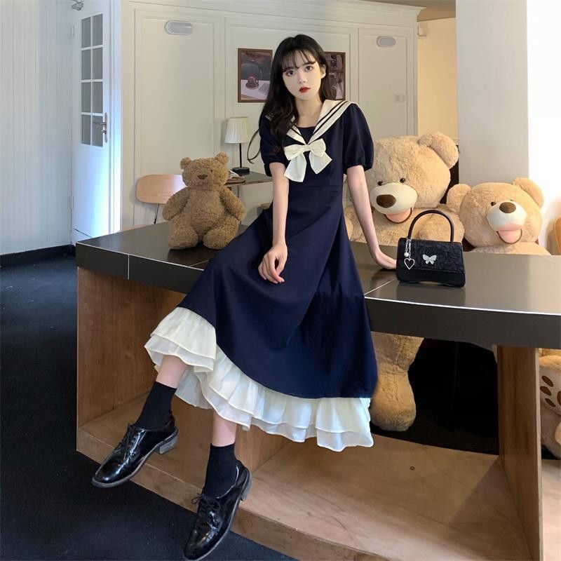 Plus-Size College-Style Embroidered Short-Sleeve Dress, Slimming and Tummy-Concealing for Slightly Chubby Women, Summer Sailor-Style Dress with a Cinched Waist and A-Line Skirt