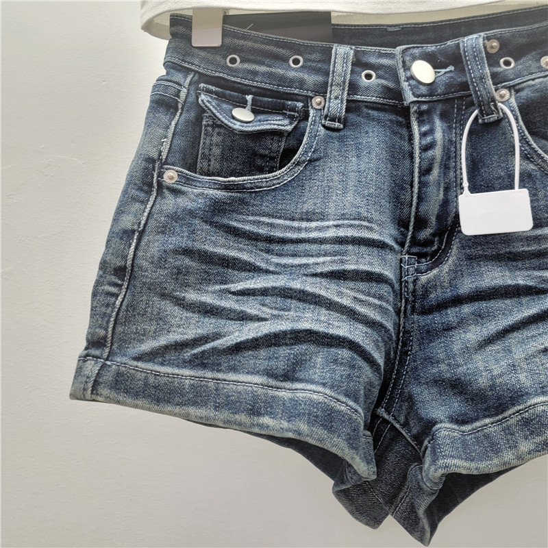 Pantalones Cortos de Mezclilla Corte A para Mujer Elásticos de Tiro Bajo