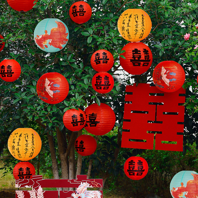 Linterna de papel de bodas, diseño de la casa de bodas, patio rural, puerta colgante, bola de panal roja, exterior