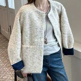 毛呢外套秋冬温暖慵懒新款复古文艺百搭上衣感对襟羊圆领