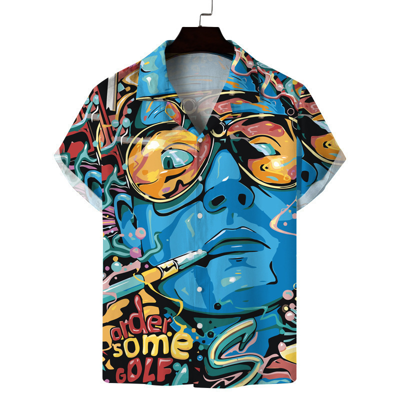Abstract British Style Hawaiian Short-sleeveD Shirt Cuban Collar StripesD European anD American Youth Men's Clothing Export Cross-borDer 3D Print