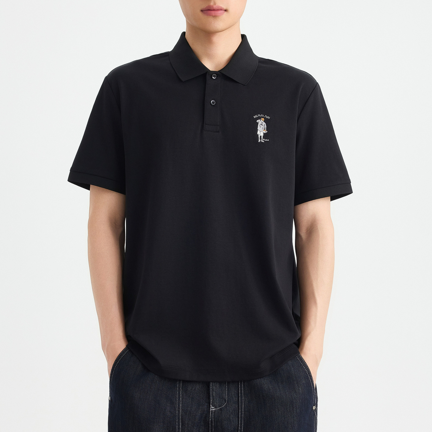 Áo polo nam cổ bẻ thêu họa tiết, tay ngắn, chất liệu cotton pha — đen
