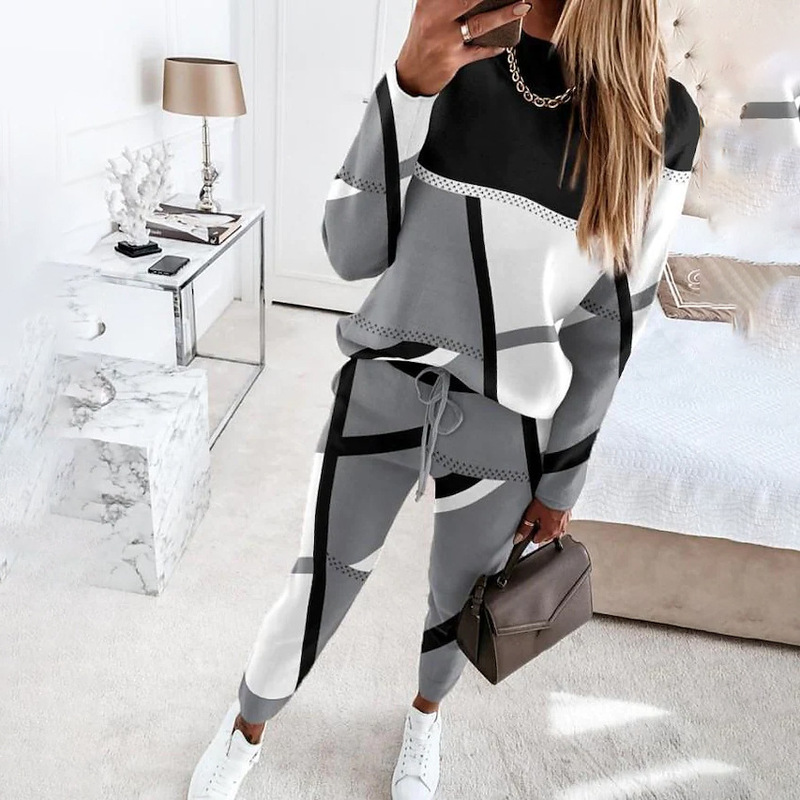 Cross-Border Amazon European and American Clothing 2025 New Two-Piece Set with Contrasting Printed Long-Sleeved Round Neck Casual Fashion Suit Cross-Border Amazon European and American Clothing 2025 New Two-Piece Set with Contrasting Printed Long-Sleeved Round Neck Casual Fashion Suit