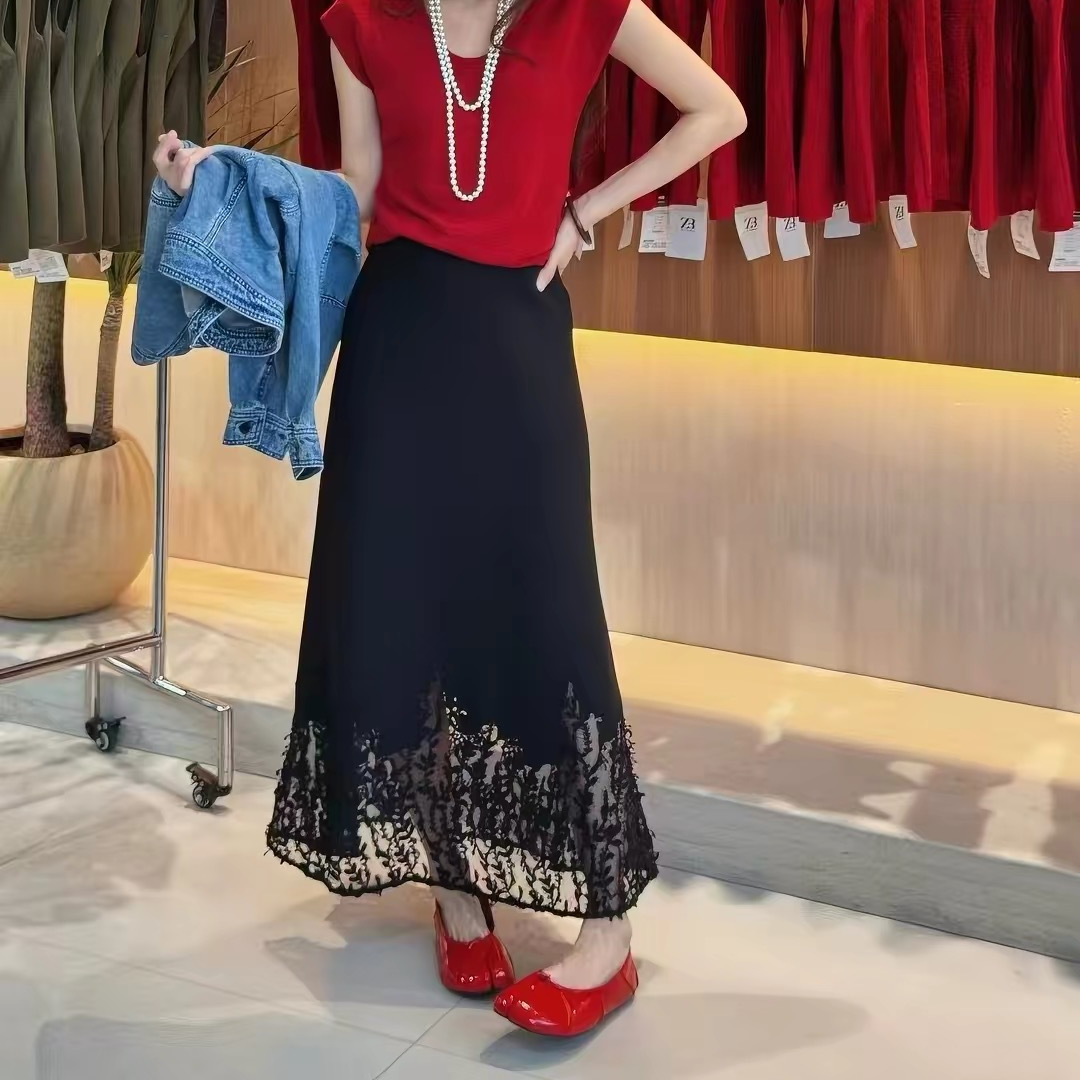 New Chinese-style lace patchwork fishtail skirt, versatile, slimming, with a draping effect, mid-length skirt with national-style embroidery at the hem