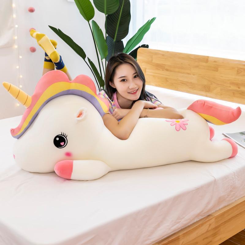 Mentira lindo unicornio juguete de peluche Ragdoll muñeca cama dormir larga almohada regalo cumpleaños para las niñas