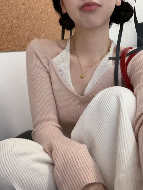 现货 /2025秋冬新款甜美少女温柔淡淡粉露肩假二件羊毛针织衫毛衣|undefined