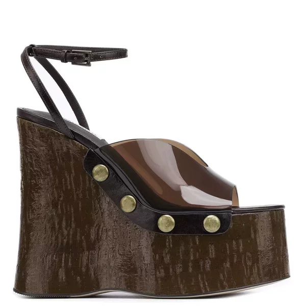 High Heeled Thick Heeled Sandals Women's 2025 New Foreign Trade Wear Thick Bottom Wood Pattern Waterproof Platform Sandals Metal Nail Buckle Sandals