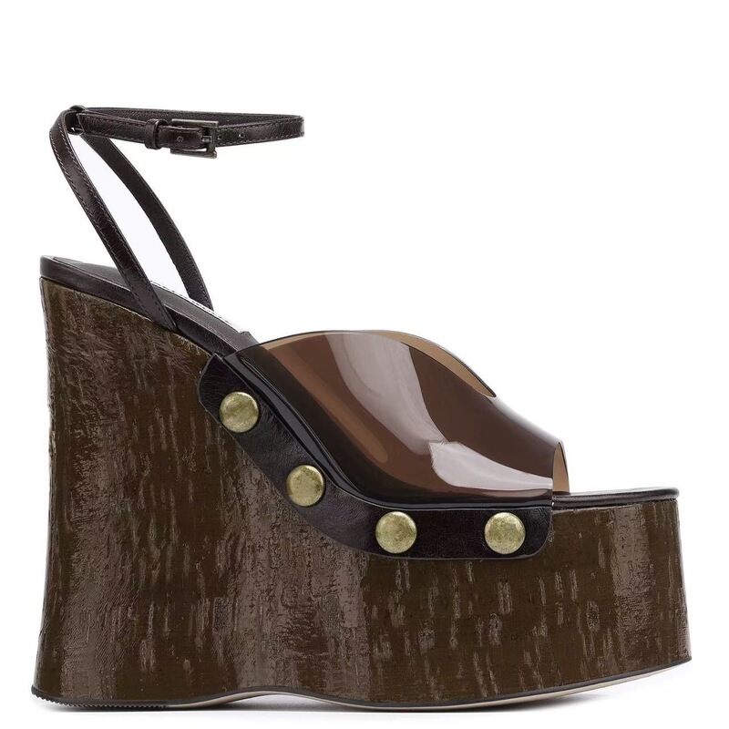 High Heeled Thick Heeled Sandals Women's 2025 New Foreign Trade Wear Thick Bottom Wood Pattern Waterproof Platform Sandals Metal Nail Buckle Sandals
