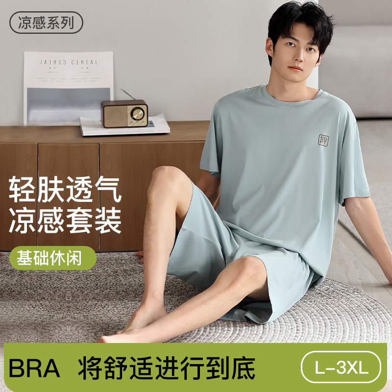 Cool Pajamas Men's Summer Thin Ice Silk Summer Round Neck Simple Pure Color Short-Sleeved Shorts Men's Home Wear Set