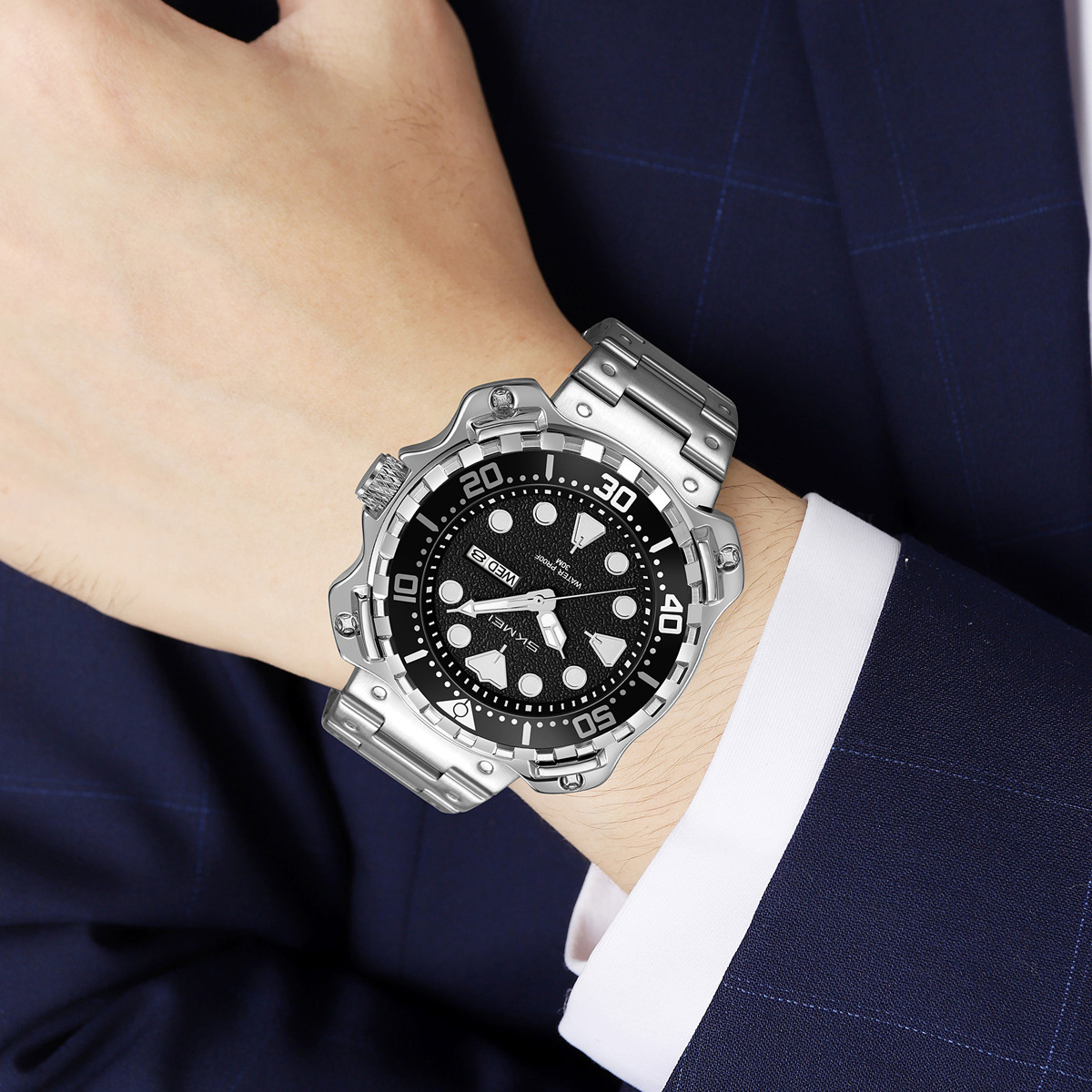 Reloj de hombre de acero impermeable doble calendario hombre reloj de negocios comercio exterior al por mayor fábrica de fuente personalizada