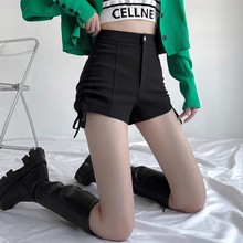两侧系带高腰一粒扣黑色休闲裤女2025年秋冬韩版百搭显瘦外穿短裤