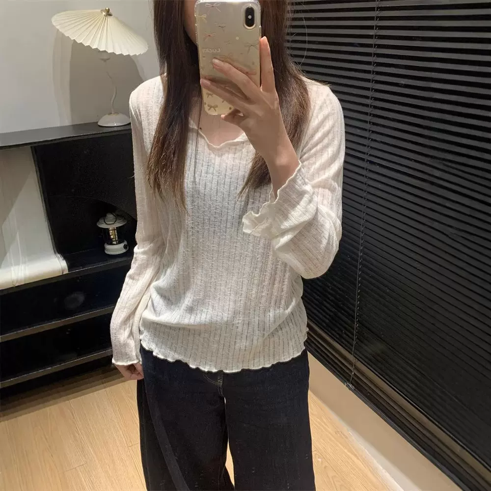 原版面料辣妹白色方领长袖T恤女春夏修身内搭打底衫薄款叠穿上衣
