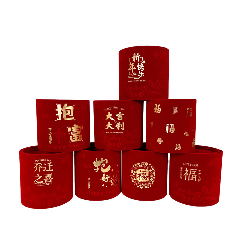 Barril de Año Nuevo cubierto de doble redondo estampado dorado rojo abrazar barril de tela de terciopelo al por mayor barril de flores de flores de Año Nuevo