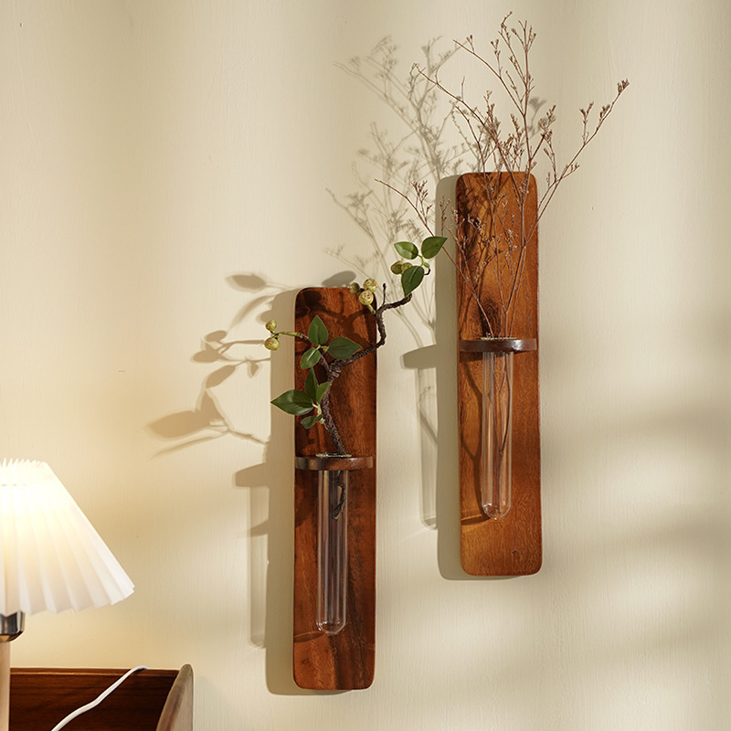 Madera sin agujeros de pared jarrón de agua arreglador de flores en la pared de la sala de estar de madera maciza decoración del dormitorio estante de flores japonés