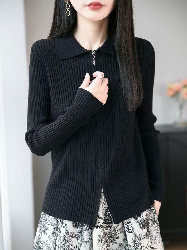 设计感双拉链针织开衫女翻领毛衣外套春秋修身显瘦长袖衬衫领上衣|undefined