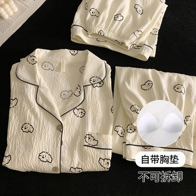 高颜值可外穿带胸垫睡衣女夏季短袖短裤三件套卡通纯棉纱布家居服|undefined