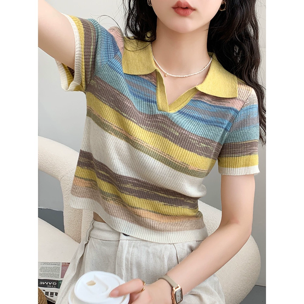 Футболка с воротником женская короткая рукава 2025 новый летний дикий тонкий воротник трикотажная рубашка с лацканом тонкий топ