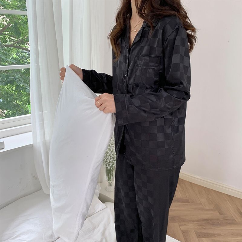 Transfronterizo satén jacquard hielo seda pijama de primavera y otoño mujeres pantalones de manga larga cardigan de alta calidad conjunto de ropa para el hogar