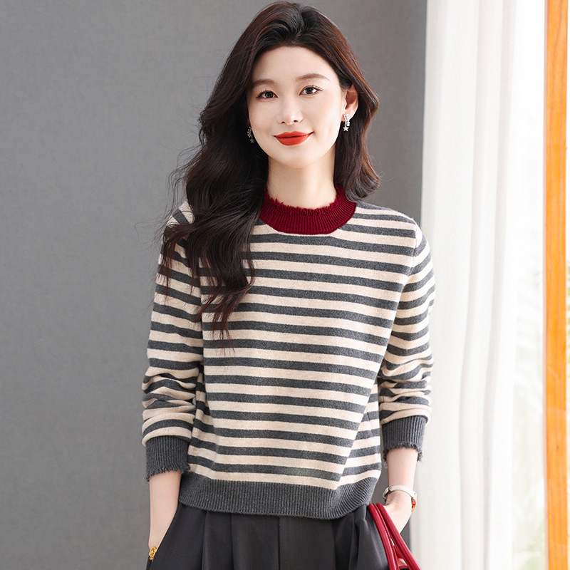Classic Striped Sweater for Women, Fashionable Half-High Collar, Casual Simple Versatile Wool Sweater Top with Inner Lining Base Shirt
