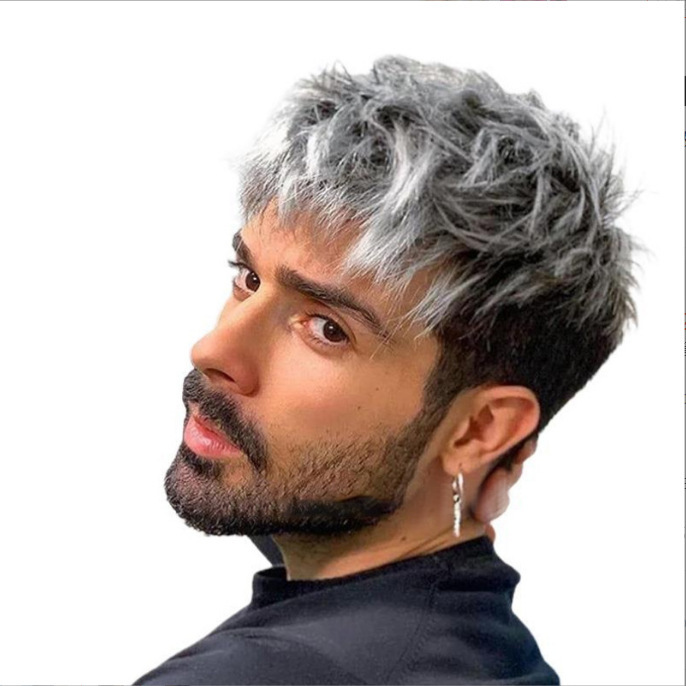 Exklusive Hochtemperatur-Seidenperücken für Herren, grau, Seitenscheitel, kurzes Haar, modisches Styling, synthetische Haarverlängerungen_voghion.com
