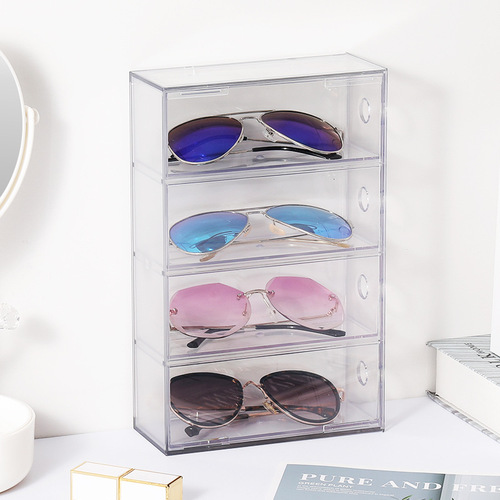 Glasses case can be stacked with four layers, desktop glasses and sunglasses display box, storage rack, dust-proof stationery drawer-type storage box